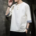 Buddha Stones Frog-Button Dragon Embroidery Chinese Tang Suit Three Quarter Sleeve Shirt Cotton Linen Men Clothing Men's Shirts BS 1
