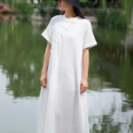 Buddha Stones Frog-Button Midi Dress Cotton Linen Short Sleeve Dress With Pockets Midi Dress BS White(Bust 96cm/Length 119cm)(Dress Only)
