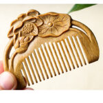 Buddha Stones Natural Green Sandalwood Lotus Flower Leaf Engraved Soothing Comb Comb BS 9