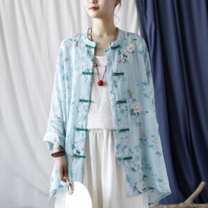 Buddha Stones Light Green Pink Flowers Green Leaves Frog-Button Long Sleeve Ramie Linen Jacket Shirt 1