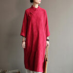 Buddha Stones Flower Jacquard Midi Dress Long Sleeve Cotton Linen Dress Wide Leg Pants With Pockets 44