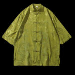 Buddha Stones Peach Blossom Bamboo Leaves Frog-button Chinese Half Sleeve Shirt Men T-shirt T-shirt BS 15