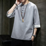 Buddha Stones Frog-Button Dragon Embroidery Chinese Tang Suit Three Quarter Sleeve Shirt Cotton Linen Men Clothing Men's Shirts BS 19