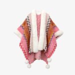 Buddha Stones Tibetan Multicolored Wavy Lines Knitted Striped Shawl Coat Winter Cozy Travel Scarf Wrap Tibetan Shawl BS Pink Orange 150*106cm