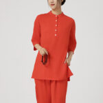 Buddha Stones 2Pcs Buttons Three Quarter Sleeve Shirt Top Pants Meditation Zen Tai Chi Cotton Linen Clothing Women's Set Women's Meditation Cloth BS Red(Top&Pants) 2XL(Bust 112cm/Waist 70-104cm/Pants Length 101cm)