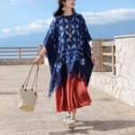 Buddha Stones Blue Flower Indigo Dyeing Shawl Tassels Cozy Pullover 90*95cm 9