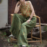 Buddha Stones Green Yellow Ramie Linen Flexible Waistband Wide Leg Pants With Pockets Women's Wide Leg Pants BS 16