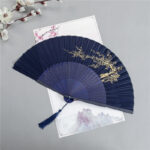 Buddha Stones Crane Dragonfly Lotus Peony Plum Blossom Butterfly Handheld Silk Bamboo Folding Fan 22.5cm 8