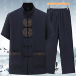 Buddha Stones Fu Character Chinese Knotting Embroidery Tang Suit Traditional Short Sleeve Top Pants Clothing Men's Set Men's Meditation Cloth BS Dark Blue(Top&Pants) 3XL(Bust 124cm/Waist 122cm/Hips 124cm)