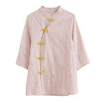 Buddha Stones Floral Pattern Frog-Button Half Sleeve Cotton Linen Shirt Women's Shirts BS 2