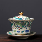 Buddha Stones Retro Plum Blossom Pine Bamboo Phoenix Kirin Ceramic Gaiwan Sancai Teacup Kung Fu Tea Cup and Saucer with Lid Cup BS 13