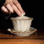 Buddha Stones Beige Plum Blossom Shape Peach Branch Ceramic Gaiwan Sancai Teacup Kung Fu Tea Cup With Lid Cup BS 5
