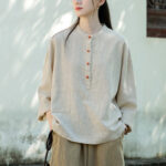 Buddha Stones Solid Color Loose Button Blouse Long Sleeve Shirt Top Long Sleeve Shirt BS 13