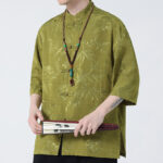 Buddha Stones Peach Blossom Bamboo Leaves Frog-button Chinese Half Sleeve Shirt Men T-shirt T-shirt BS 10