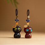 Buddha Stones Small Leaf Red Sandalwood Ebony Wood Lucky Cat Protection Key Chain Phone Hanging Decoration Key Chain BS 10