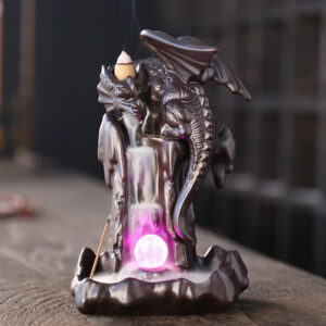 Buddha Stones Nordic Dragon Ceramic Backflow Smoke Fountain Meditation Healing Incense Burner Led Ball Decoration Incense Burner BS Dragon&LED Ball