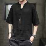 Buddha Stones Frog-Button Phoenix Embroidery Chinese Tang Suit Short Sleeve Shirt Cotton Linen Men Clothing Men's Shirts BS 20