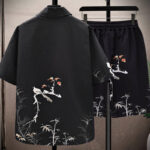 Buddha Stones Landscape Coconut Trees Magpie Pattern Short Sleeve Shorts Men's Set Men's Meditation Cloth BS 10