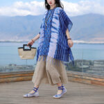 Buddha Stones Blue White Striped Indigo Dyeing Shawl Tassels Cozy Pullover 90*95cm 12