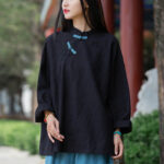 Buddha Stones Ramie Linen Loose Blouse Women Long Sleeve Shirt Chinese Hanfu Top Long Sleeve Shirt BS Black(Bust 132cm)(Top Only)
