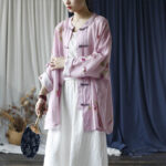 Buddha Stones Pink Flower Print Frog-button Design Batwing Long Sleeve Ramie Linen Jacket Shirt Women's Shirts BS 24