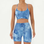 Buddha Stones 2Pcs Camo Print Backless Criss-Cross Strap Top Bra Shorts Leggings Pants Fitness Yoga Outfit Set 2-Piece Outfit BS Blue 2Pcs(Top&Shorts) L