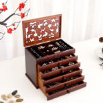 Buddha Stones Vintage Plum Blossom Carved Wooden Jewelry Box Six-Layer Jewelry Storage Box Jewelry Box BS Walnut Color 30.6*20.6*24.7cm