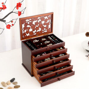 Buddha Stones Vintage Plum Blossom Carved Wooden Jewelry Box Six-Layer Jewelry Storage Box Jewelry Box BS Walnut Color 30.6*20.6*24.7cm