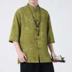 Buddha Stones Peach Blossom Bamboo Leaves Frog-button Chinese Half Sleeve Shirt Men T-shirt T-shirt BS 12