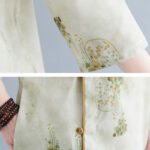Buddha Stones Flowers Green Yellow Leaves Print Cheongsam Midi Dress Three Quarter Sleeve Dress With Pockets Cheongsam Dresses BS 10