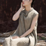Buddha Stones Handmade Tie Dye Midi Dress Linen Sleeveless Dress 22