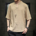 Buddha Stones Frog-Button Phoenix Embroidery Chinese Tang Suit Short Sleeve Shirt Cotton Linen Men Clothing Men's Shirts BS 14