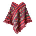 Buddha Stones Tibetan Shawl Striped Knitted Tassels Pullover Winter Cozy Travel Scarf Wrap Tibetan Shawl BS Red 87cm*100cm