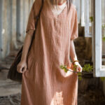 Buddha Stones Handmade Tie Dye V-Neck Midi Dress Linen Short Sleeve Dress 16