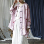 Buddha Stones Pink Flower Print Frog-button Design Batwing Long Sleeve Ramie Linen Jacket Shirt Women's Shirts BS 23