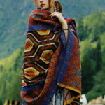 Buddha Stones Tibetan Shawl Brown Blue Red Geometric Shapes Pattern Winter Cozy Travel Scarf Wrap Tibetan Shawl BS 3