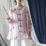 Buddha Stones Pink Flower Print Frog-button Design Batwing Long Sleeve Ramie Linen Jacket Shirt Women's Shirts BS 31