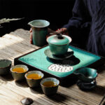 Buddha Stones Retro Green Glaze Ceramic Gaiwan Sancai Teacup Kung Fu Tea Cup And Saucer With Lid Cup BS 7