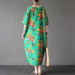 Buddha Stones Red Peony Flowers Printed Midi Dress Half Sleeve Cotton Linen Dress 11