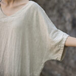 Buddha Stones Solid Color V-Neck Half Sleeve Ramie Linen Midi Dress With Pockets Midi Dress BS 3