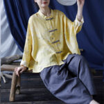 Buddha Stones Yellow Phoenix Print Frog-button Design Long Sleeve Ramie Linen Jacket Shirt Women's Shirts BS 22