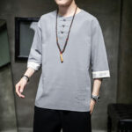 Buddha Stones Frog-Button Dragon Embroidery Chinese Tang Suit Three Quarter Sleeve Shirt Cotton Linen Men Clothing Men's Shirts BS 21