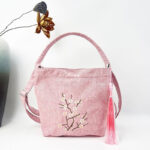 Buddha Stones Embroidery Wisteria Plum Lotus Cherry Blossom Cotton Linen Canvas Tote Crossbody Bag Shoulder Bag Handbag Crossbody Bag BS Light Pink Plum Blossom 19*20*10cm