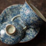 Buddha Stones Vintage Blue And White Porcelain Peach Blossom Lotus Peony Ceramic Gaiwan Sancai Teacup Kung Fu Tea Cup And Saucer With Lid Cup BS 5