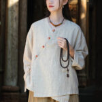 Buddha Stones Solid Color Ramie Linen Loose Blouse Long Sleeve Shirt Chinese Hanfu Top Long Sleeve Shirt BS Beige(Bust 116cm)(Top Only)