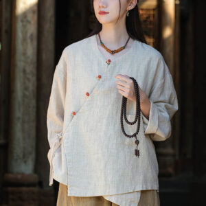 Buddha Stones Solid Color Ramie Linen Loose Blouse Long Sleeve Shirt Chinese Hanfu Top Long Sleeve Shirt BS Beige(Bust 116cm)(Top Only)