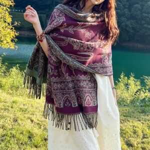 Buddha Stones Vintage Tibetan Leaves Pattern Design Shawl Cozy Travel Scarf Wrap Tibetan Shawl BS Purple