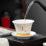 Buddha Stones Buddhist Heart Sutra Small Fu Character Ceramic Gaiwan Teacup Kung Fu Tea Cup And Saucer With Lid Cup BS 13
