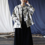 Buddha Stones Black Gray Print Frog-button Design Long Sleeve Cotton Linen Jacket Shirt With Pockets Women's Shirts BS 38