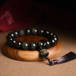 Buddha Stones Natural Black Obsidian Lion Wrist Mala Protection Tassels Pocket Mala Car Decoration Wrist Mala&Decorations BS Black Obsidian&Lion